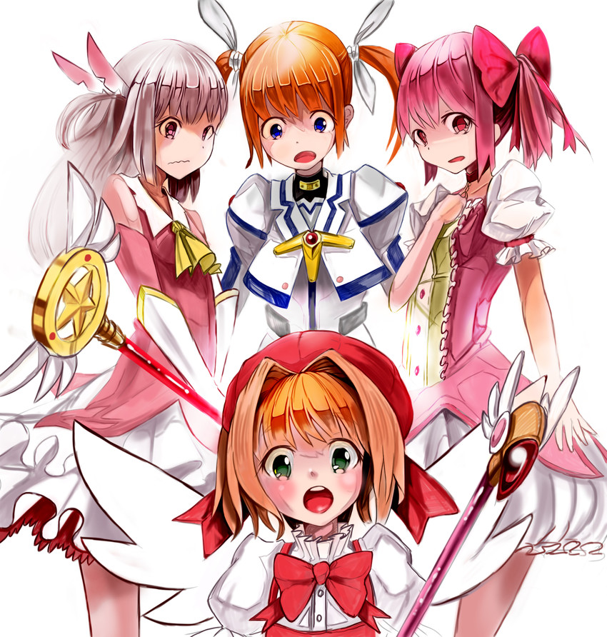 kaname madoka, illyasviel von einzbern, takamachi nanoha, kinomoto sakura, prisma illya, and 1 more (fate and 6 more) drawn by aiai_(hidetti)