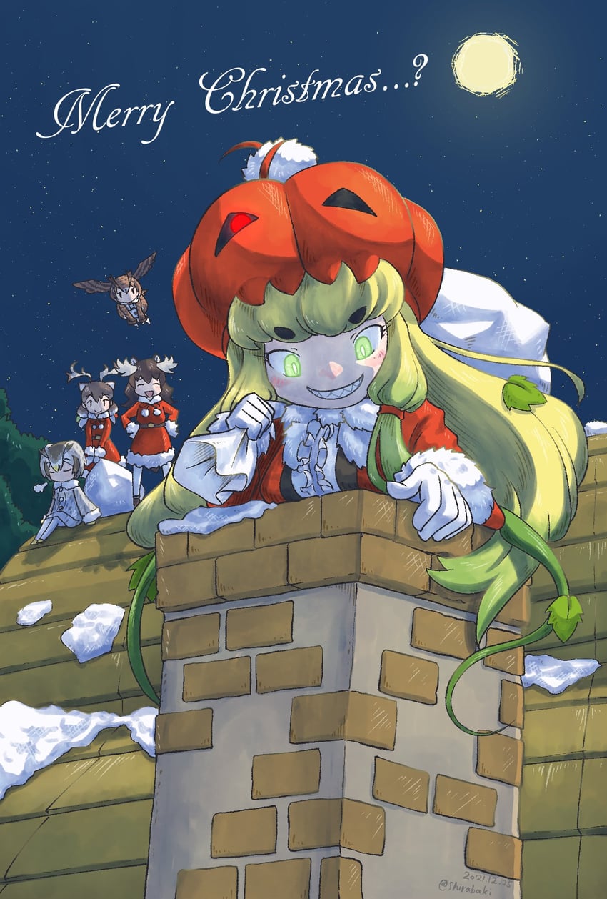 northern white-faced owl, eurasian eagle owl, moose, reindeer, and jack-o'-lantern (kemono friends) drawn by shirabaki