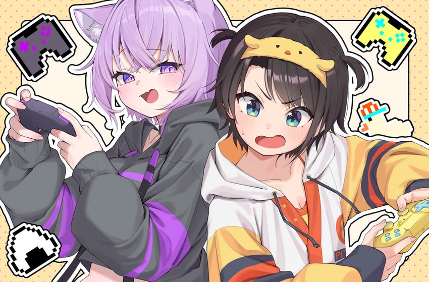 nekomata okayu, oozora subaru, and subaru duck (hololive) drawn by ai_(u_e_o_o)