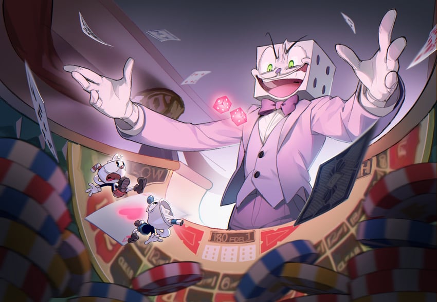 cuphead, mugman, and king dice (cuphead) drawn by jj_mung