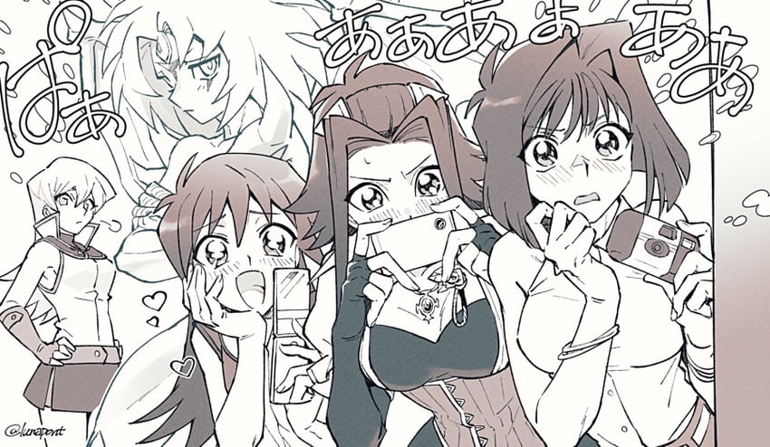 tenjouin asuka, izayoi aki, mazaki anzu, yubel, and saotome rei (yu-gi-oh! and 3 more) drawn by lunapont