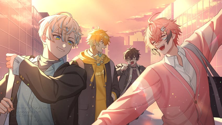 usami rito, saiki ittetsu, hibachi mana, and akagi wen (nijisanji) drawn by merasugi