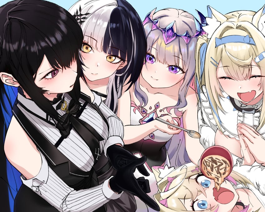shiori novella, nerissa ravencroft, fuwawa abyssgard, mococo abyssgard, and koseki bijou (hololive and 1 more) drawn by softbread