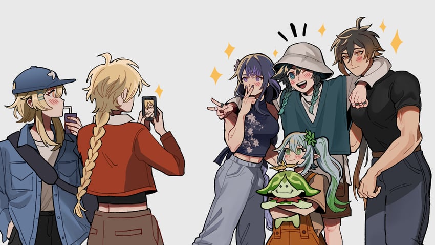 lumine, raiden shogun, aether, nahida, zhongli, and 3 more (genshin impact) drawn by 16cka