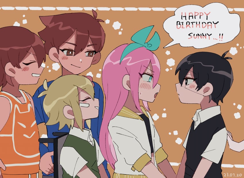 sunny, basil, aubrey, kel, and hero (omori) drawn by andou_(sino_spkt)