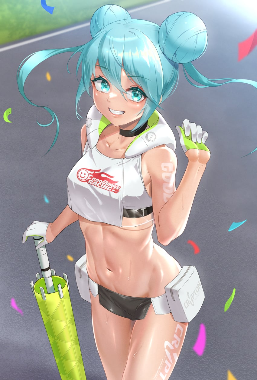 hatsune miku and racing miku (vocaloid and 1 more) drawn by akrun