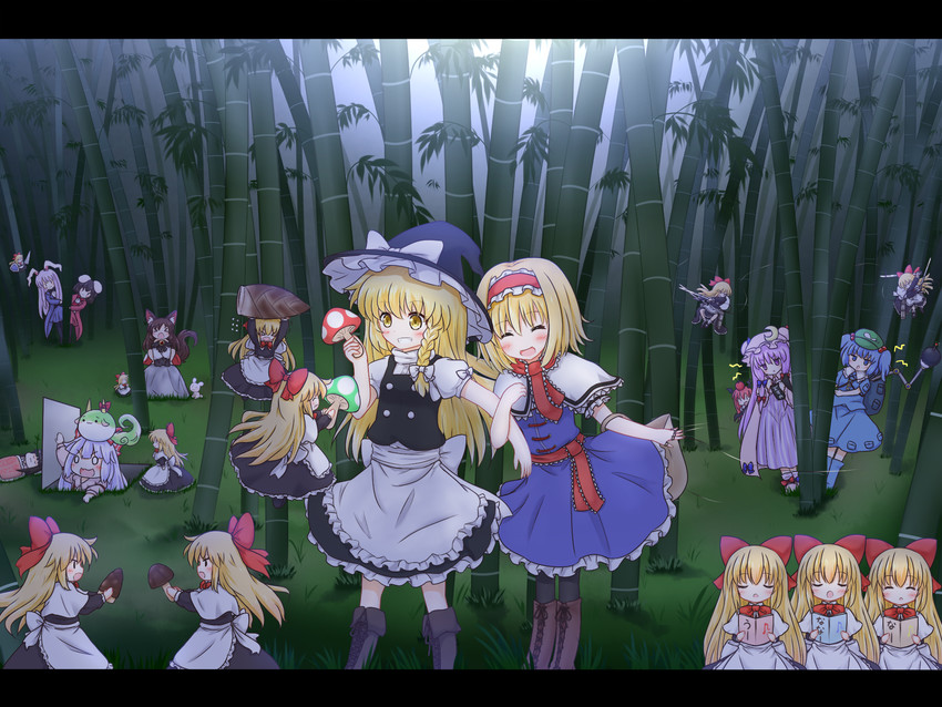 kirisame marisa, alice margatroid, patchouli knowledge, reisen udongein inaba, fujiwara no mokou, and 10 more (touhou) drawn by mofu_mofu