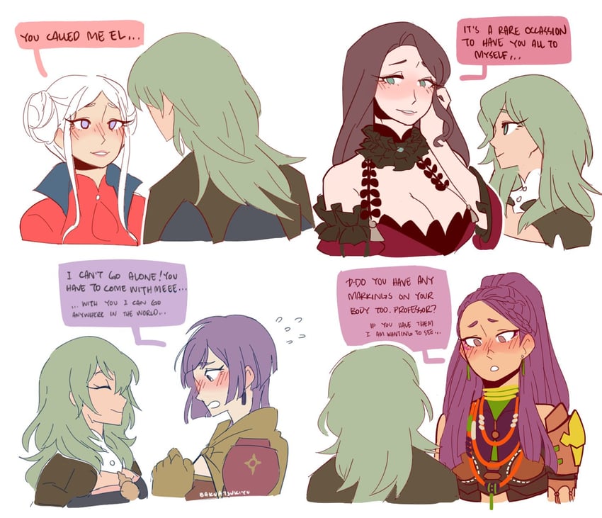 female byleth, edelgard von hresvelg, dorothea arnault, bernadetta von varley, and petra macneary (fire emblem and 1 more) drawn by bakuatsukiyu