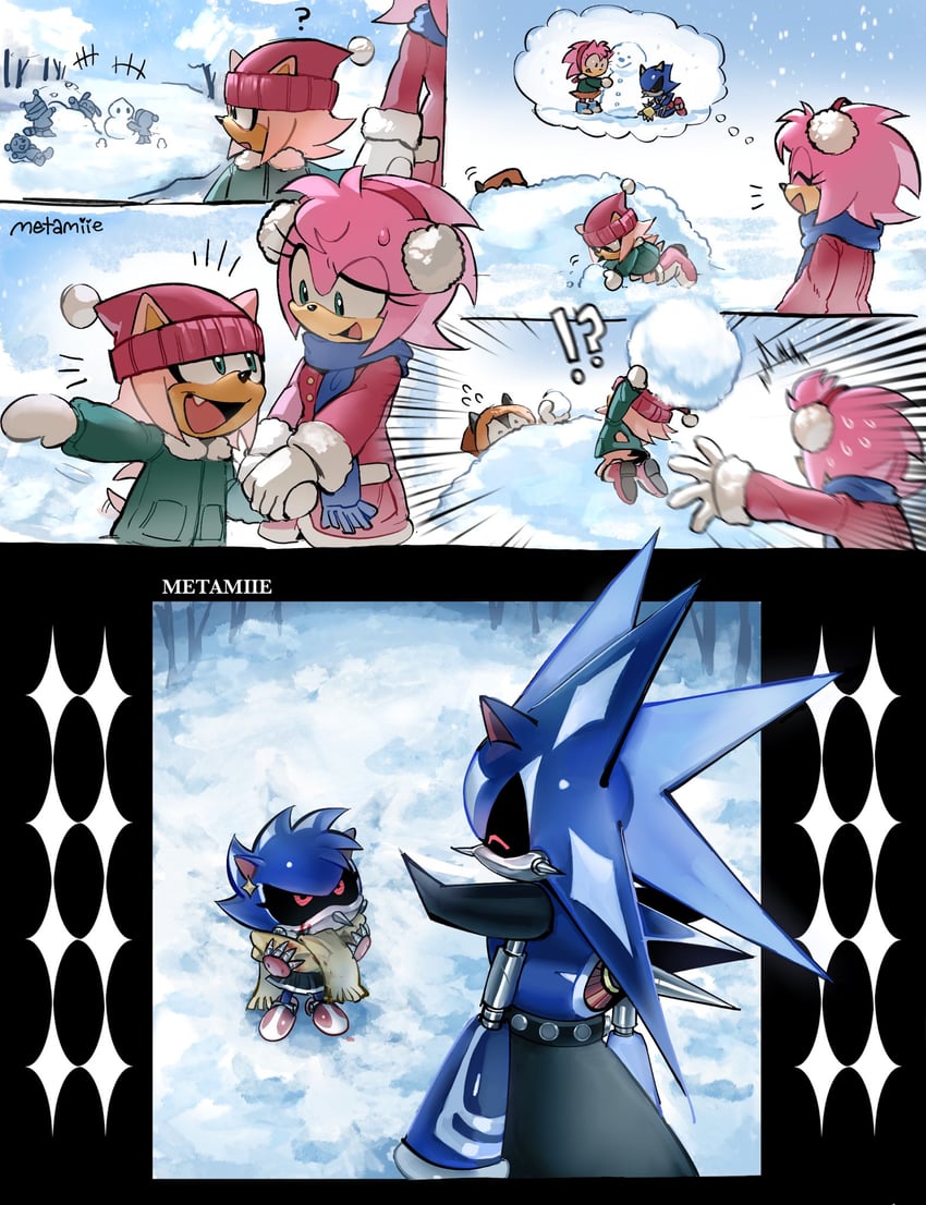 amy rose, metal sonic, and neo metal sonic (sonic and 1 more) drawn by metamiie