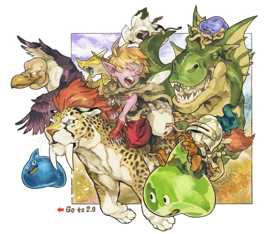 slime, healslime, elf, slime knight, small fry, and 5 more (dragon quest and 1 more) drawn by aburaya_tonbi