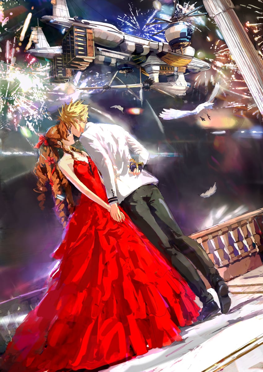 cloud strife and aerith gainsborough (final fantasy and 2 more) drawn by ooi_choon_liang