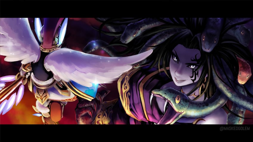 pit and medusa (kid icarus and 1 more) drawn by maskedgolem