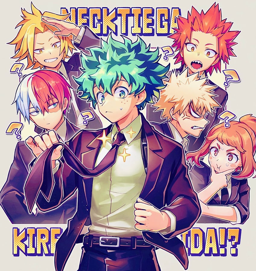 midoriya izuku, bakugou katsuki, uraraka ochaco, todoroki shoto, kirishima eijiro, and 1 more (boku no hero academia) drawn by mecyo_(mamezurushiki)