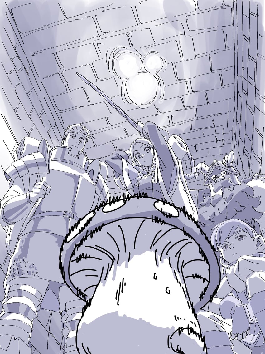 marcille donato, laios touden, senshi, and chilchuck tims (dungeon meshi) drawn by ozako
