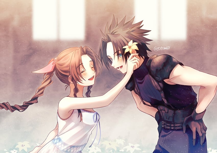 aerith gainsborough and zack fair (final fantasy and 2 more) drawn by tomato_(otom67)