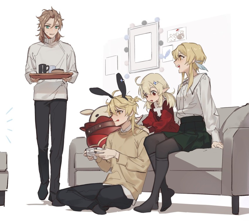 lumine, aether, klee, albedo, and jumpy dumpty (genshin impact) drawn by k_young03