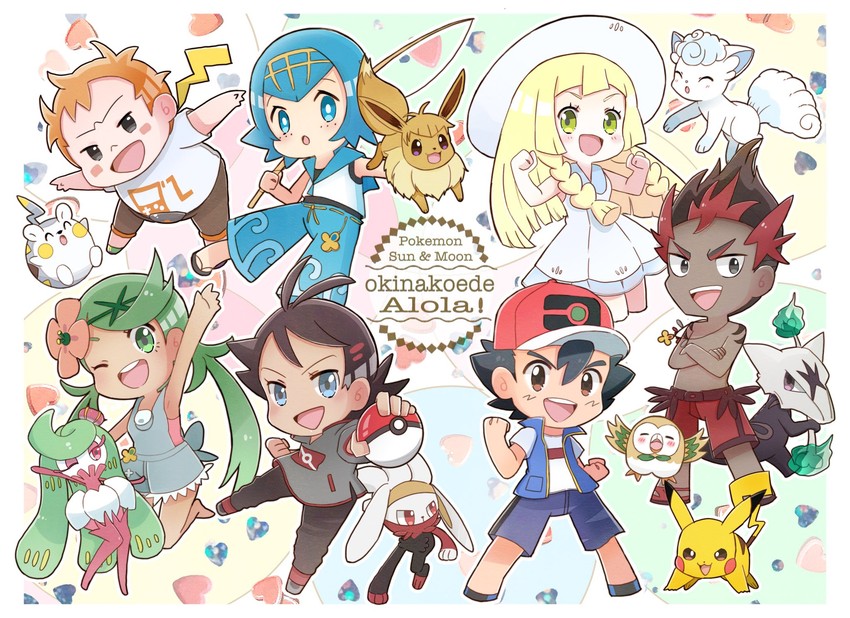 pikachu, lillie, ash ketchum, eevee, rowlet, and 10 more (pokemon and 2 more) drawn by hutao_(hutao94100883)
