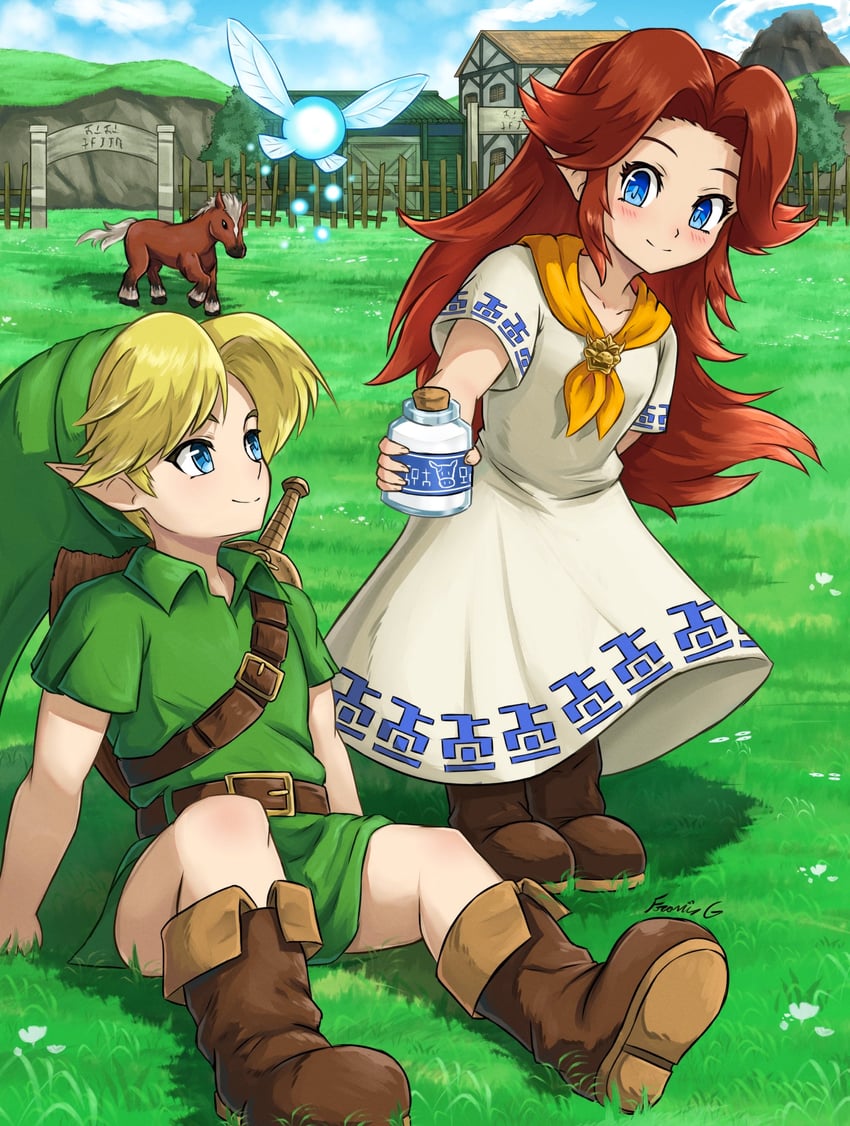 link, young link, navi, malon, and epona (the legend of zelda and 1 more) drawn by fgsketch