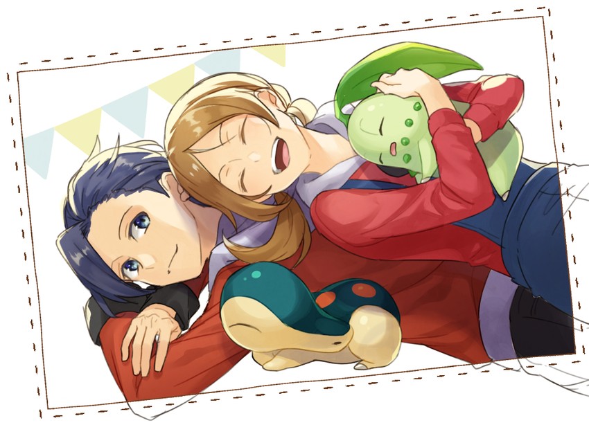 ethan, lyra, cyndaquil, and chikorita (pokemon and 1 more) drawn by yuki_lio