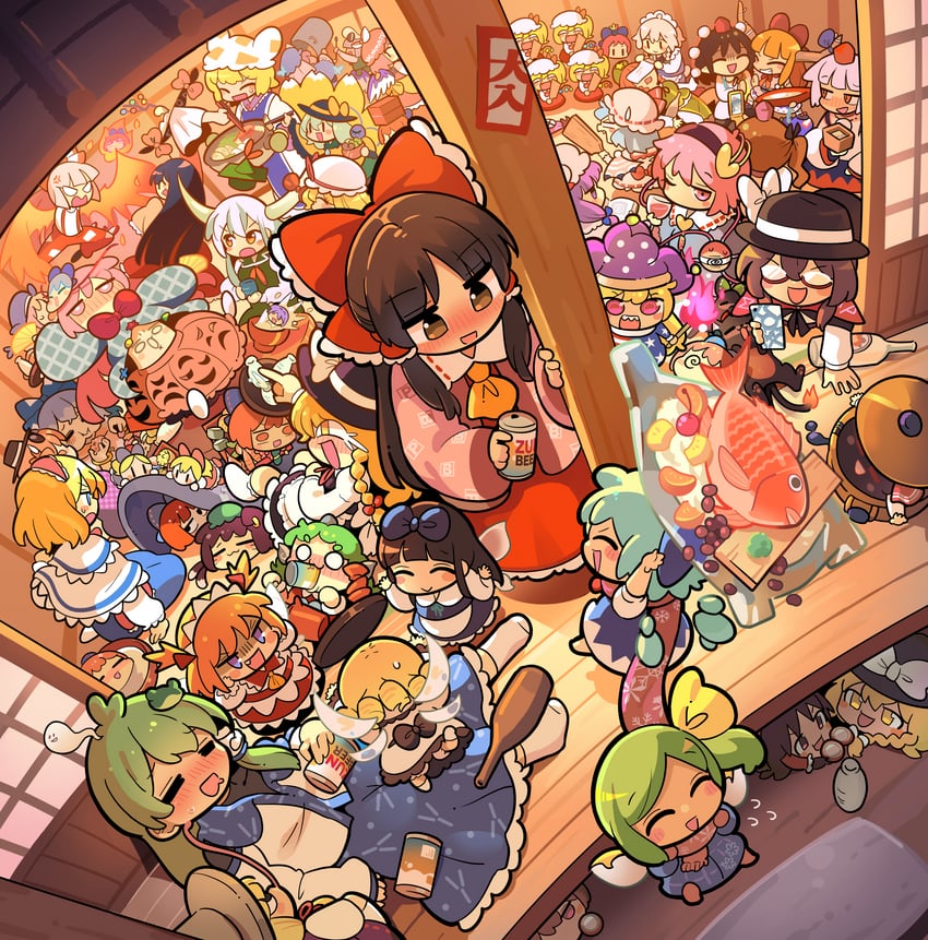 hakurei reimu, kirisame marisa, remilia scarlet, flandre scarlet, izayoi sakuya, and 41 more (touhou) drawn by moyazou_(kitaguni_moyashi_seizoujo)