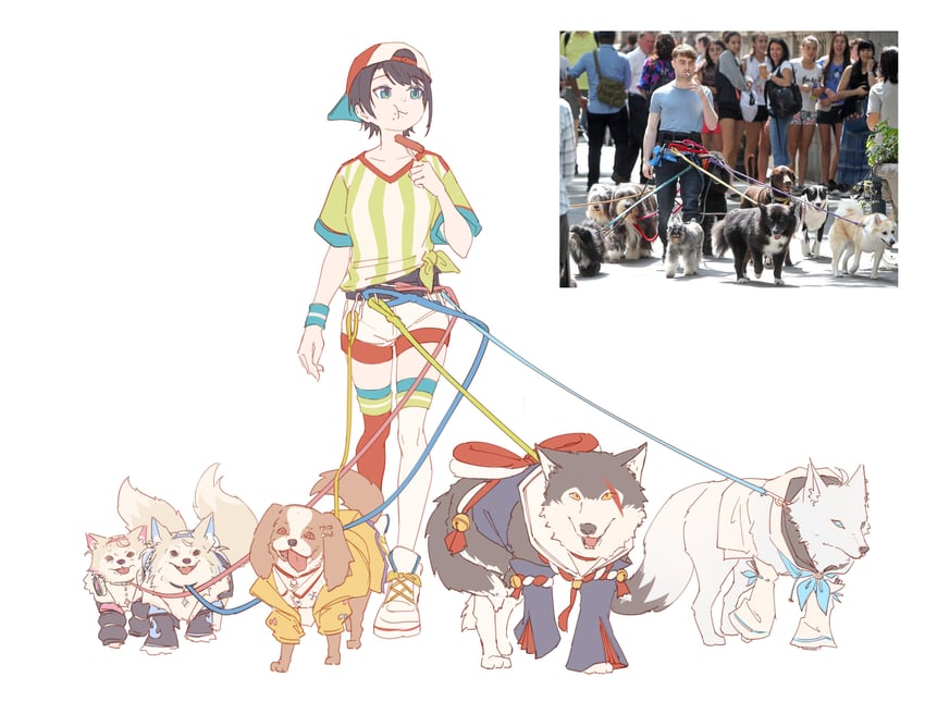 shirakami fubuki, ookami mio, oozora subaru, inugami korone, fuwawa abyssgard, and 2 more (hololive and 2 more) drawn by hyde_(tabakko)