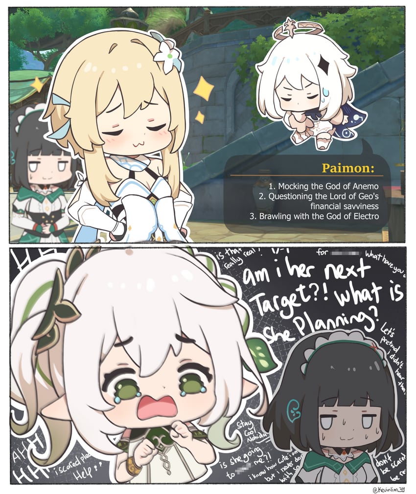 lumine, nahida, paimon, and katheryne (genshin impact) drawn by kevinlim39