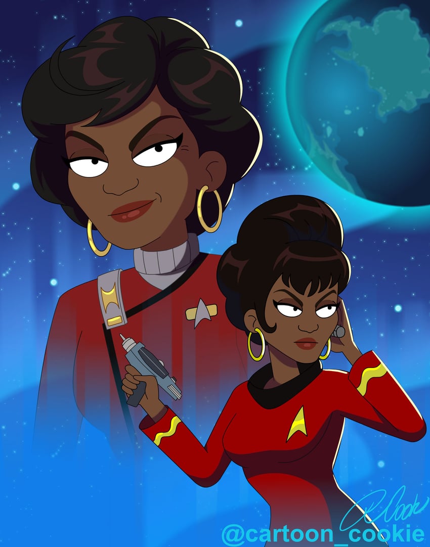nyota uhura and nichelle nichols (star trek and 1 more) drawn by cartoon_cookie