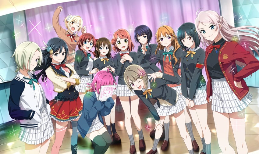 yuki setsuna, uehara ayumu, osaka shizuku, tennoji rina, nakasu kasumi, and 7 more (love live! and 1 more) drawn by fujimaru_(bluebrand)