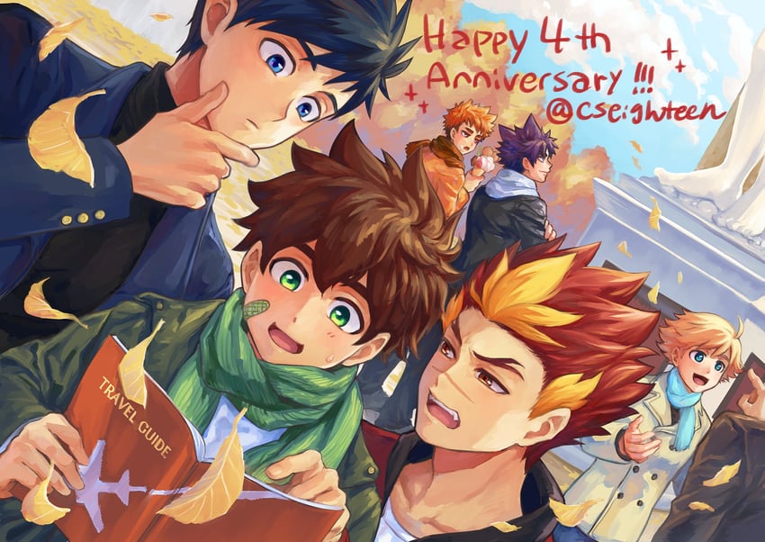 yukimura yoichi, nagame keitaro, hamasaki natsumi, akiba hiro, akatora taiga, and 1 more (camp buddy) drawn by cseighteen
