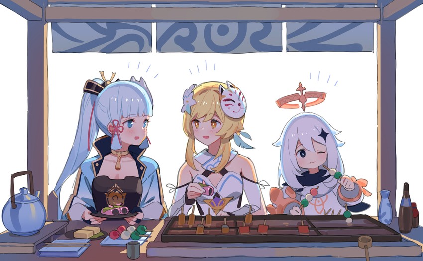 lumine, paimon, and kamisato ayaka (genshin impact) drawn by ddal