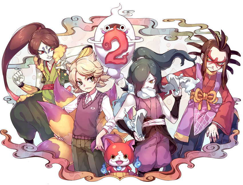 jibanyan, whisper, orochi, kyuubi, oogama, and 1 more (youkai watch) drawn by rojiko