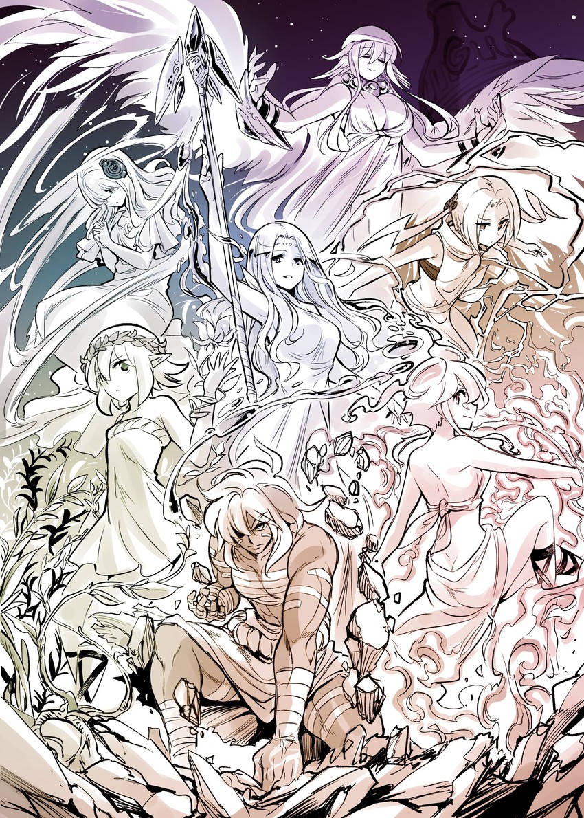 g-spring goddess, g-forest goddess, g-sky goddess, g-flame goddess, g-thunder goddess, and 2 more (original) drawn by kato_takuji