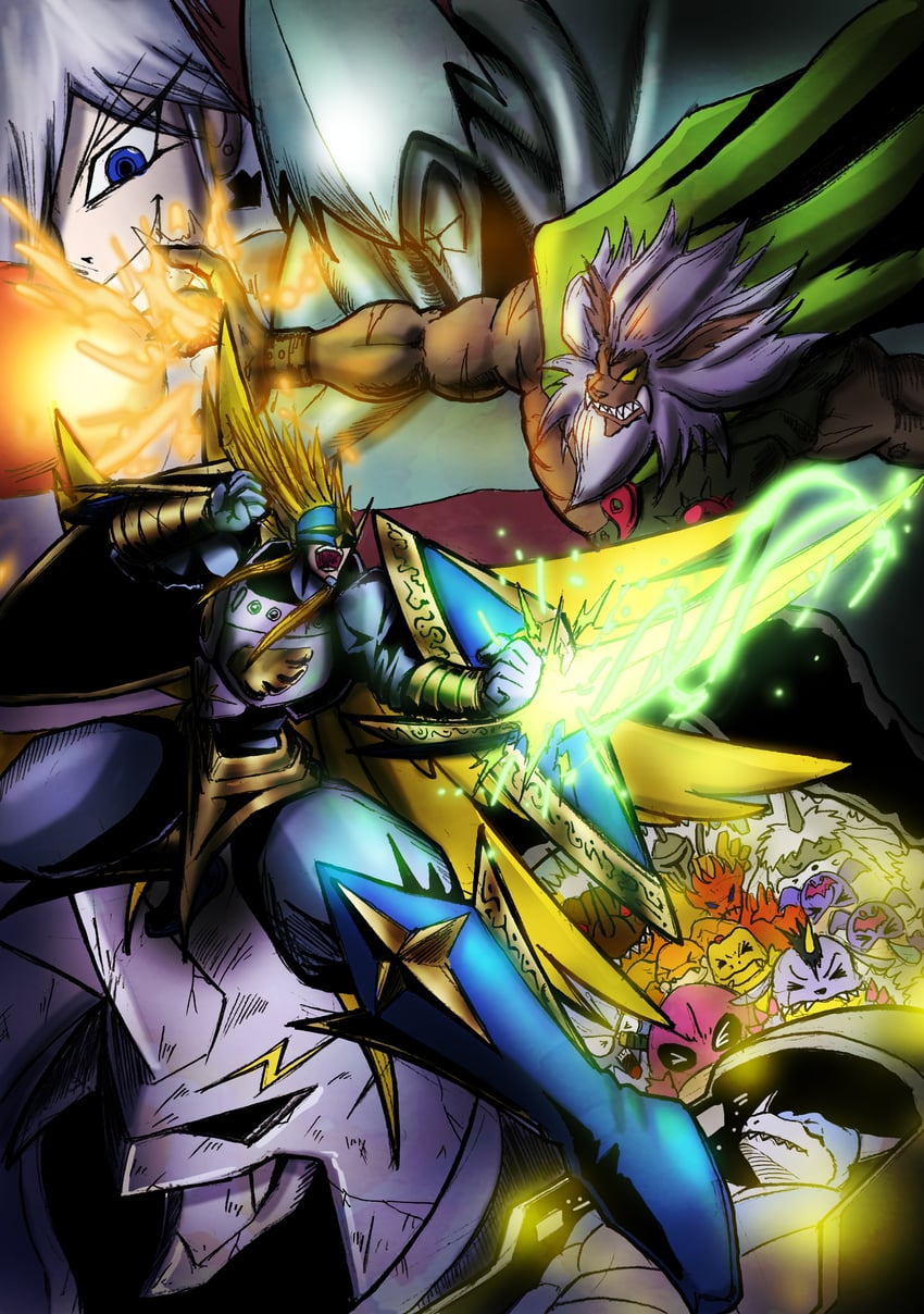 omegamon, patamon, gabumon, greymon, ikkakumon, and 9 more (digimon and 1 more) drawn by nomigid