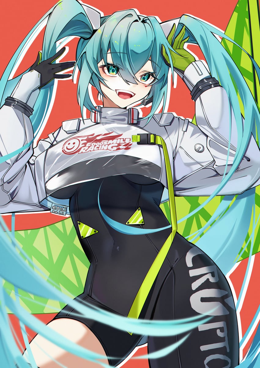 hatsune miku and racing miku (vocaloid and 1 more) drawn by suyujiu_u
