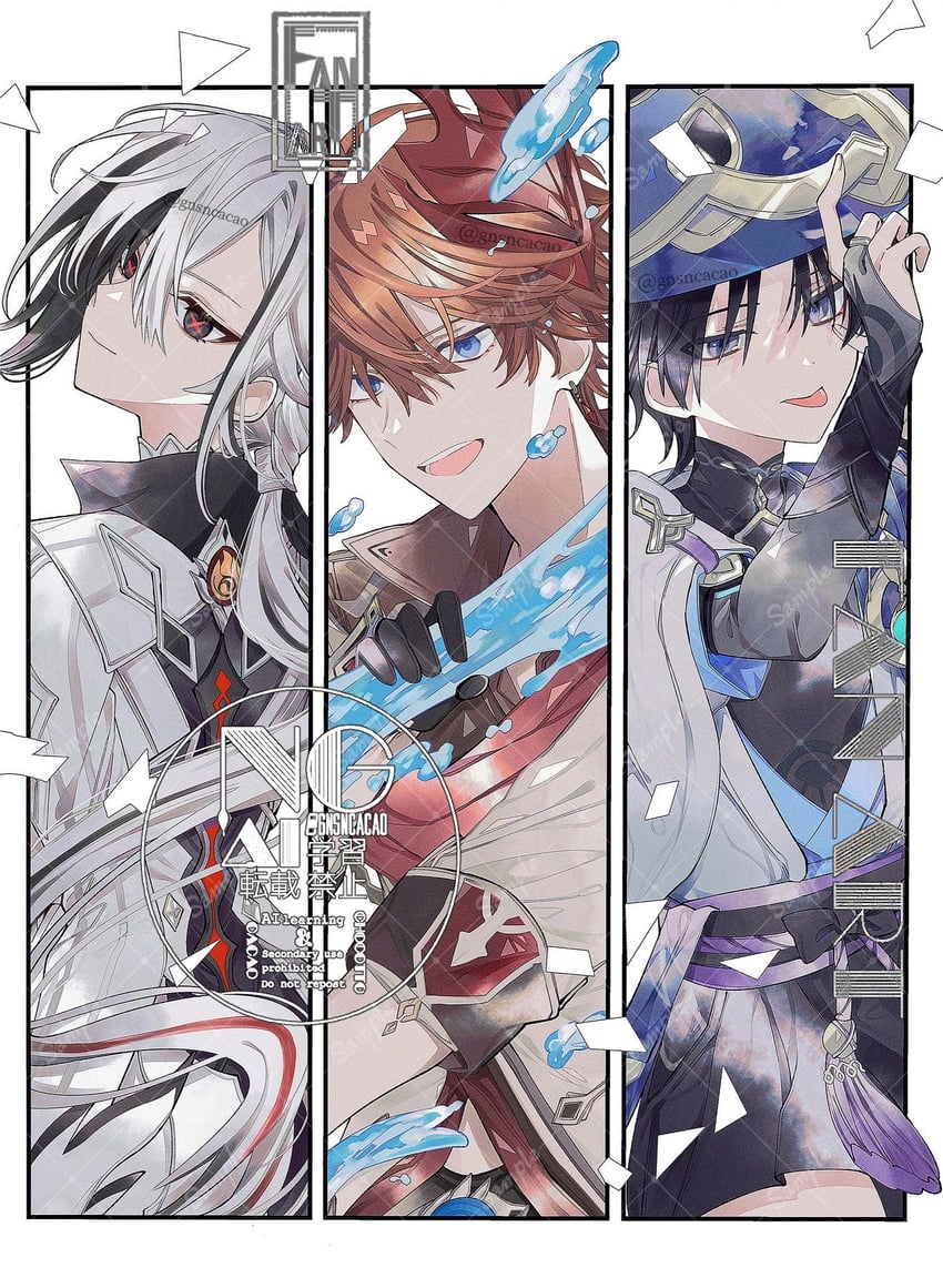 scaramouche, wanderer, tartaglia, and arlecchino (genshin impact) drawn by cacao_(chocotto)