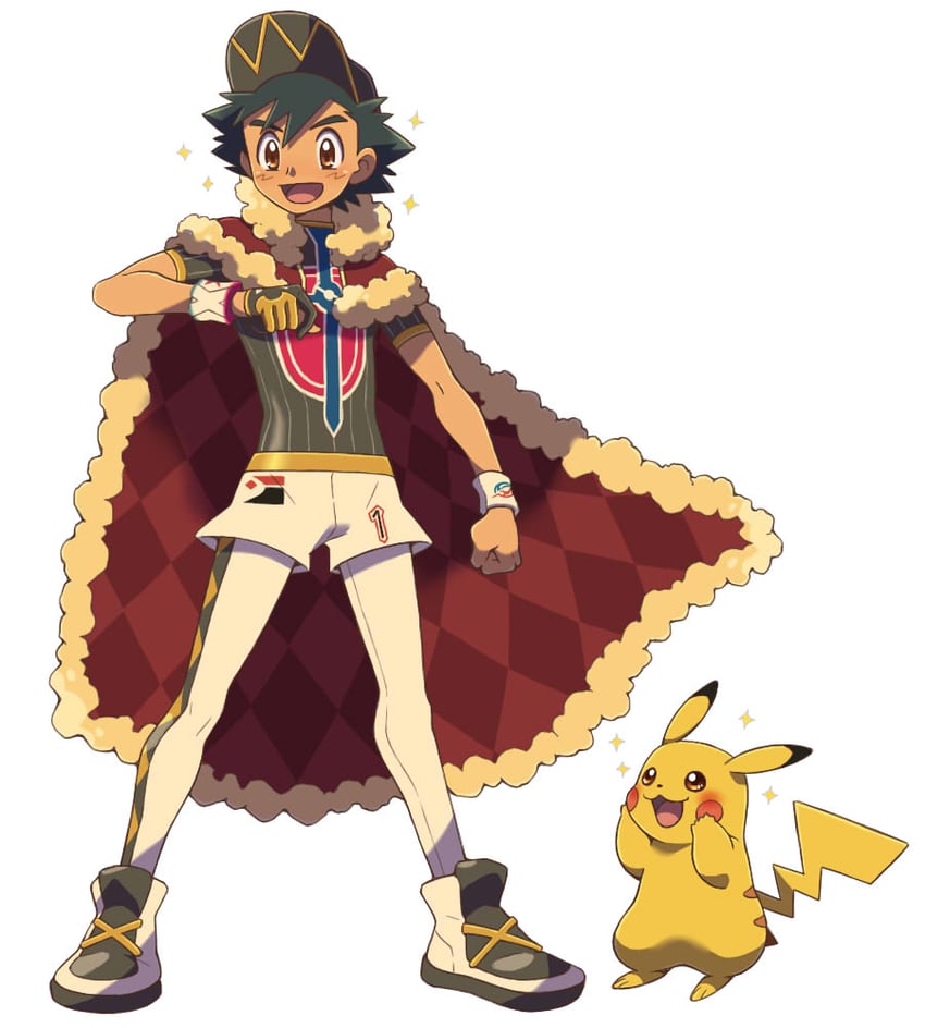 pikachu, ash ketchum, and leon (pokemon and 1 more) drawn by cyaneko