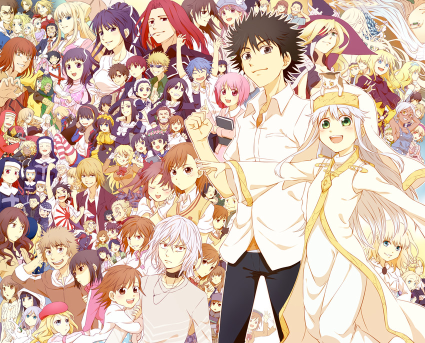 misaka mikoto, shirai kuroko, shokuhou misaki, kamijou touma, accelerator, and 98 more (toaru majutsu no index and 4 more) drawn by saiba_(henrietta)