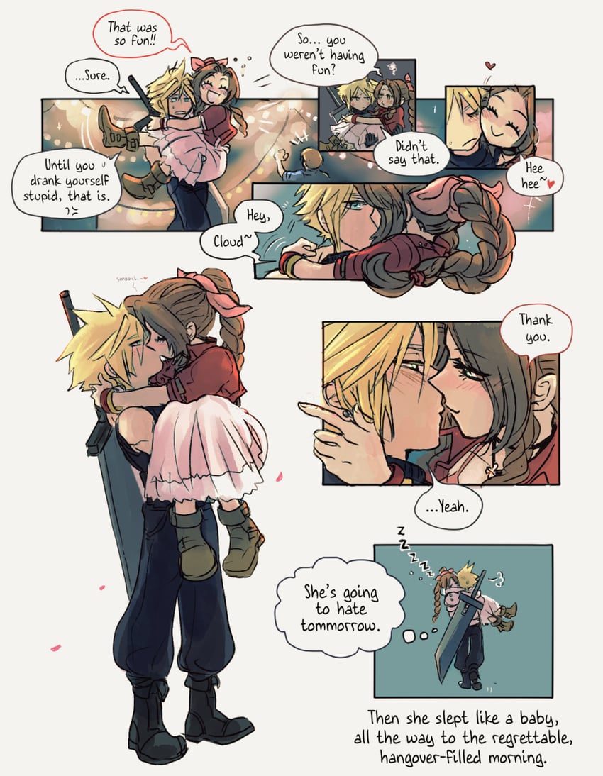 cloud strife and aerith gainsborough (final fantasy and 2 more) drawn by junkpilestuff