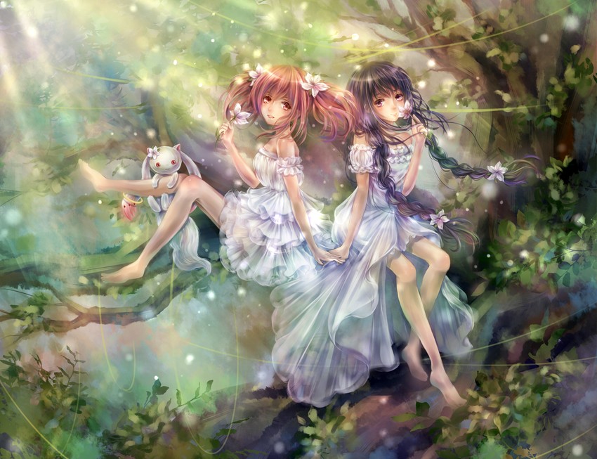 akemi homura, kaname madoka, and kyubey (mahou shoujo madoka magica) drawn by daphne_zhang
