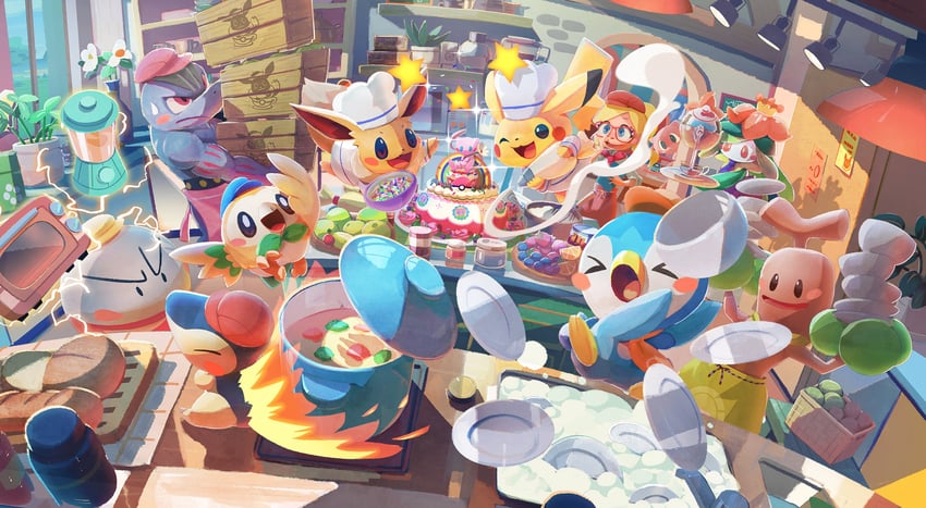 pikachu, eevee, rowlet, piplup, cyndaquil, and 6 more (pokemon and 1 more) drawn by yamamoto_hiroyuki