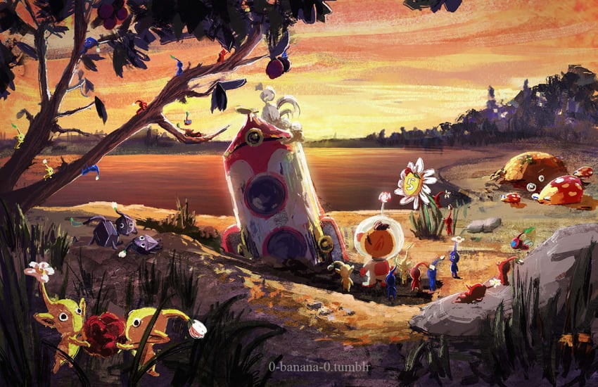 red pikmin, olimar, yellow pikmin, blue pikmin, winged pikmin, and 3 more (pikmin and 1 more) drawn by 0-banana-0
