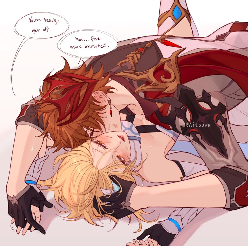 lumine and tartaglia (genshin impact) drawn by aitsuwu