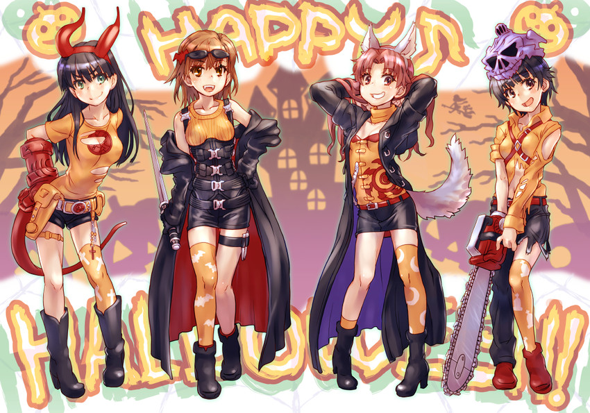 misaka mikoto, shirai kuroko, saten ruiko, uiharu kazari, hellboy, and 1 more (toaru majutsu no index and 2 more) drawn by raika9