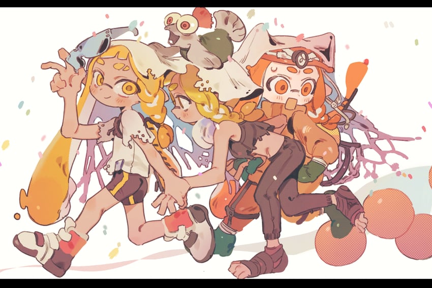 inkling player character, inkling girl, smallfry, and agent 3 (splatoon and 1 more) drawn by 0_05kmgrn
