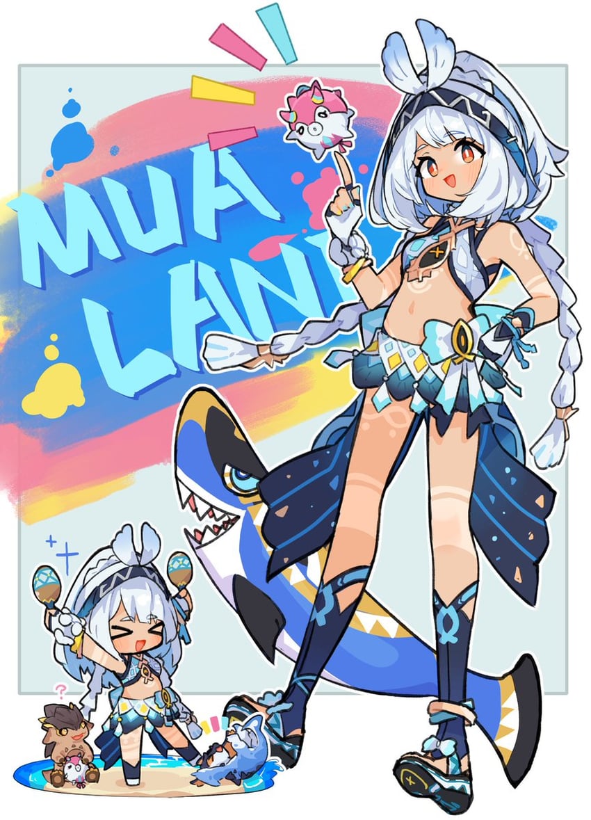 mualani, tepetlisaurus, and koholasaurus (genshin impact) drawn by xian_li