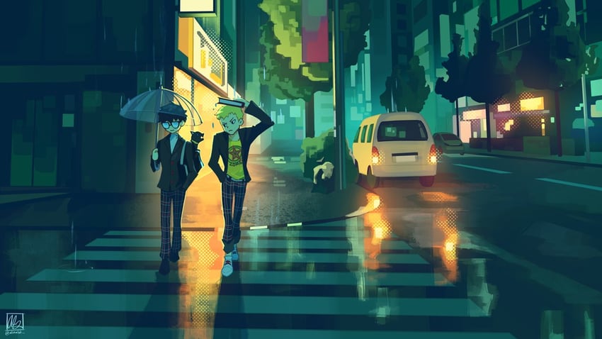 amamiya ren, sakamoto ryuuji, and morgana (persona and 1 more) drawn by alina_l
