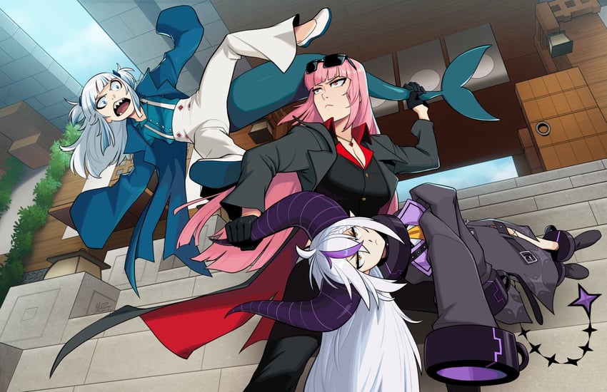 gawr gura, mori calliope, and la+ darknesss (hololive and 3 more) drawn by mx._moz