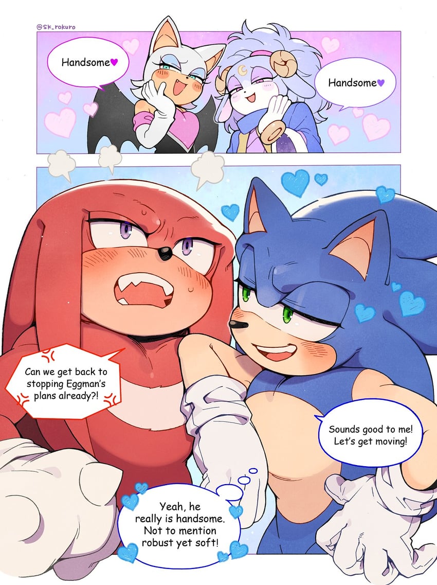 sonic the hedgehog, rouge the bat, knuckles the echidna, and ariem (sonic and 1 more) drawn by sk_rokuro