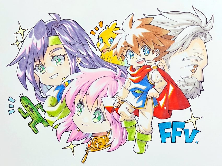 lenna charlotte tycoon, faris scherwiz, bartz klauser, sabotender, and galuf halm baldesion (final fantasy and 1 more) drawn by motoko_(taom)