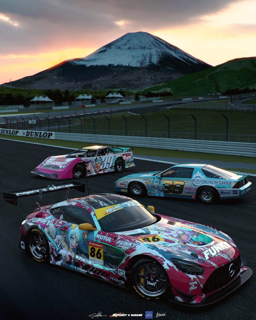 hatsune miku and racing miku (vocaloid and 3 more) drawn by arhentol, funkygarage, holeecrab, and sad.machines